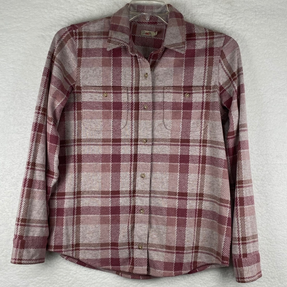 Faherty Women's M Mauve Plaid Repreve Ecovero Knit Flannel Button Down Shirt